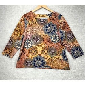 Alfred Dunner Shirt Womens Petite Large Multicolor Paisley Rhinestone 3/4 Sleeve